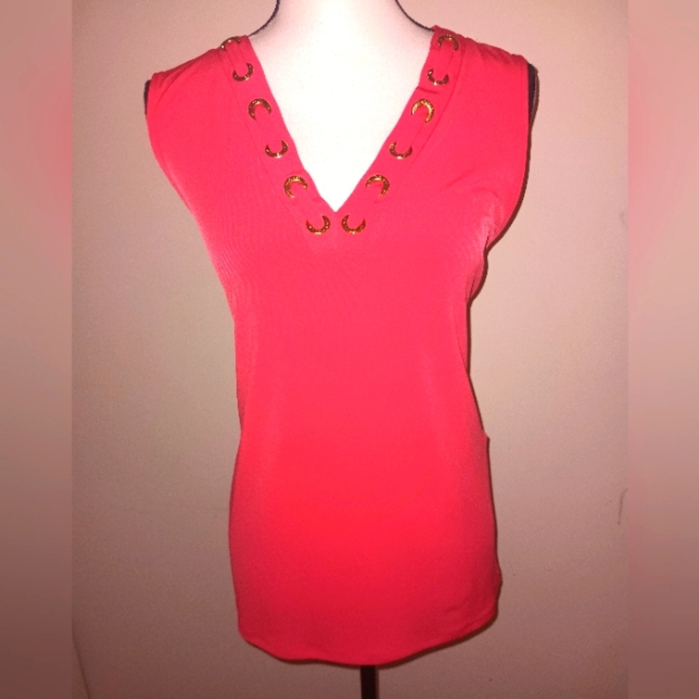 Michael Kors Coral Sleeveless Top with Gold Accents XL